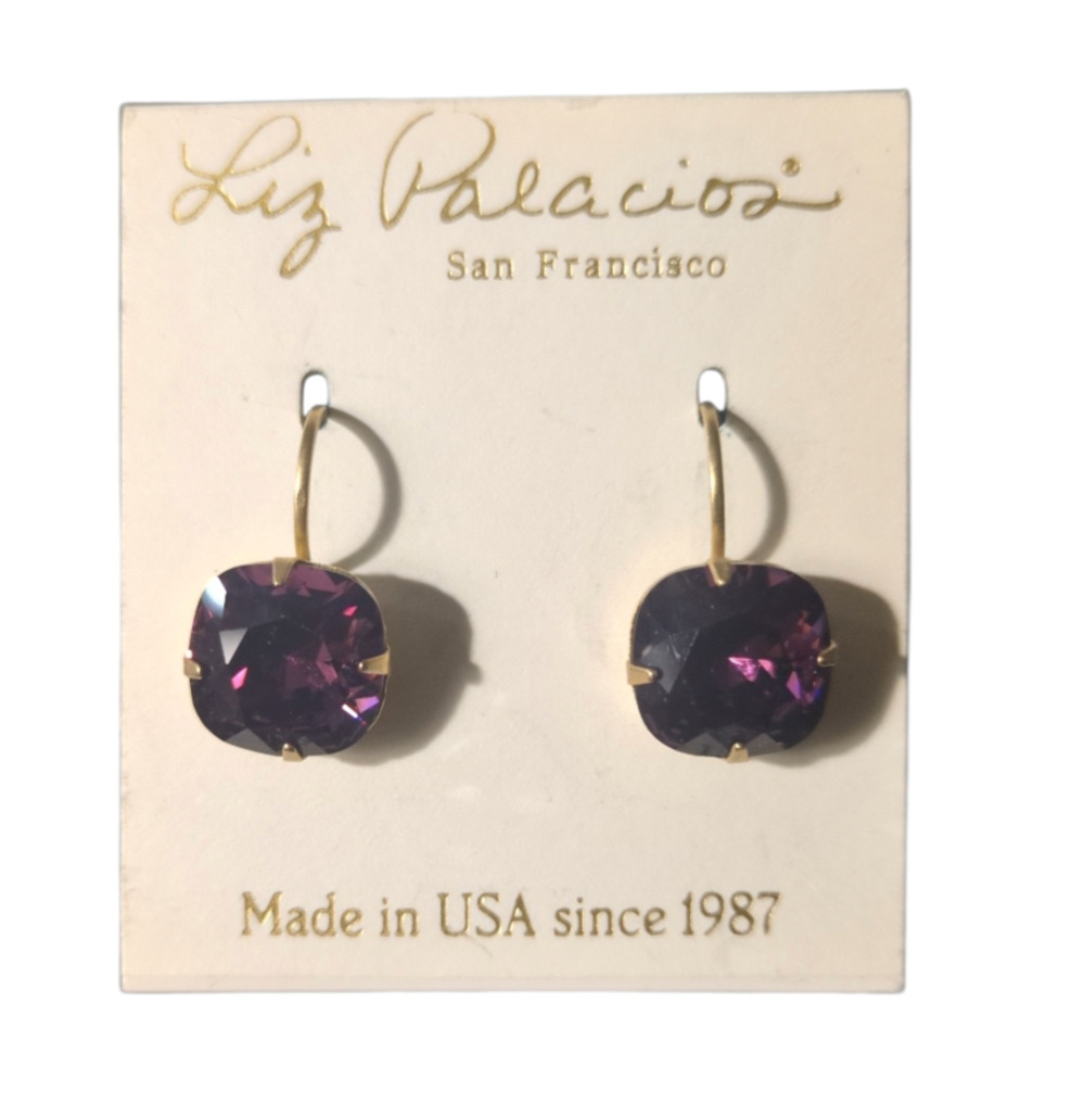 Liz Palacios 14K Gold Plated Cushion Cut Purple Crystal Leverback Earrings